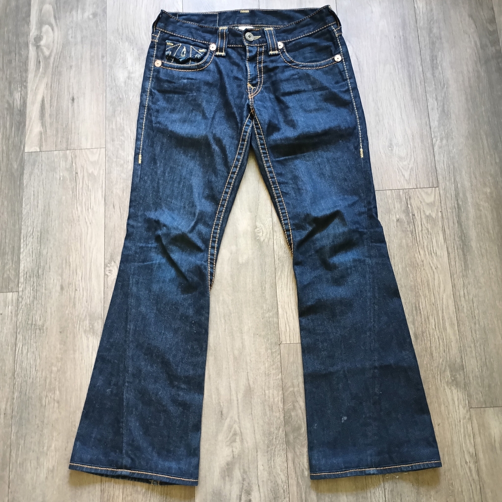 True Religion Blue Wide Leg Flare Jeans with Classic Indigo Wash